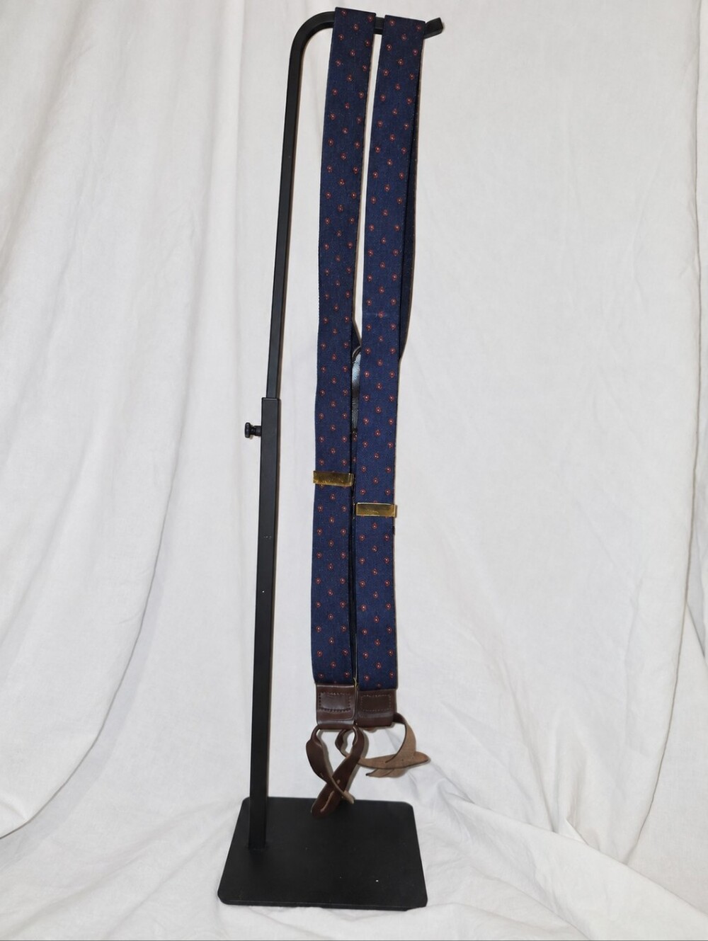 Navy Burgundy Paisley Button Suspenders Brown Leather Y-Back Adjustable Braces